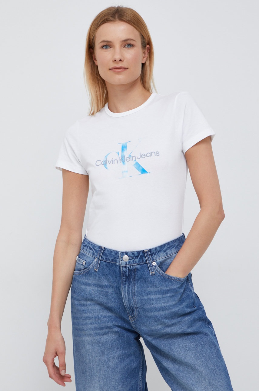 

Памучна тениска Calvin Klein Jeans в бяло, Бял