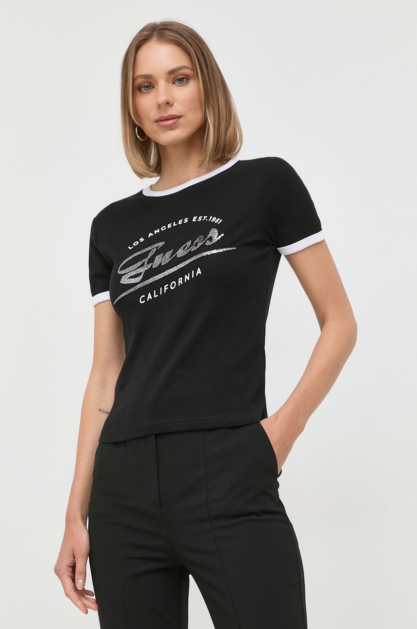 

Памучна тениска Guess в черно, Черен