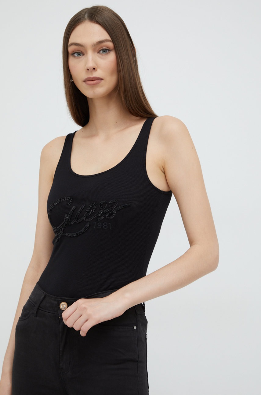 

Памучен топ Guess в черно, Черен