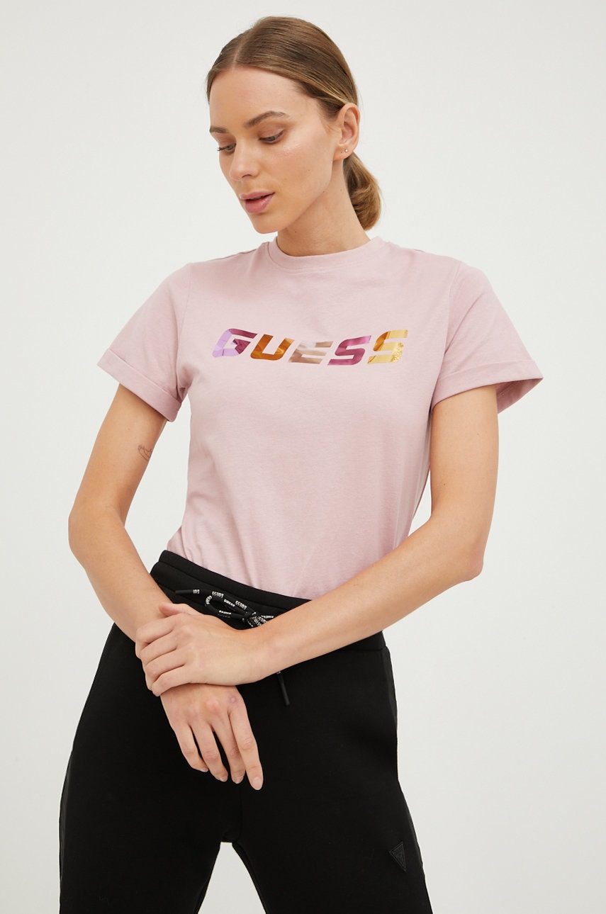 

Памучна тениска Guess в лилаво, Виолетов