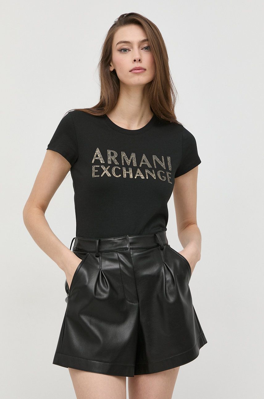 

Памучна тениска Armani Exchange в черно, Черен