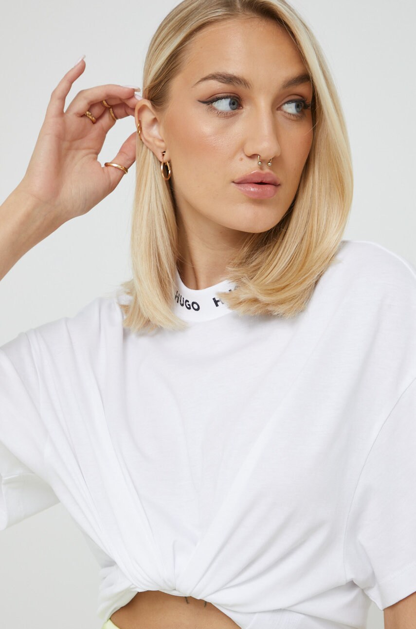 Hugo tricou din bumbac culoarea alb, cu turtleneck