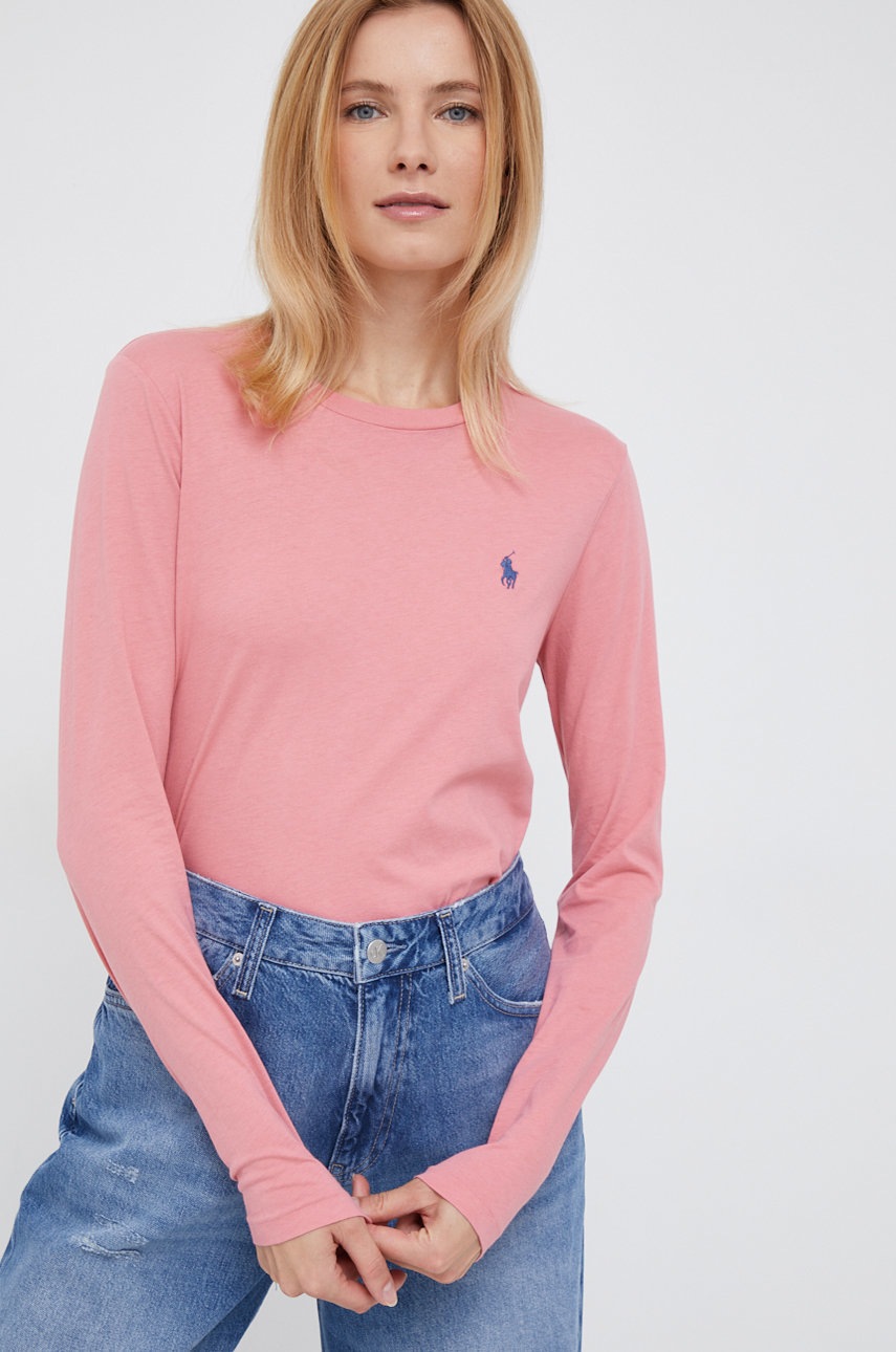 

Памучна блуза с дълги ръкави Polo Ralph Lauren в розово, Розов
