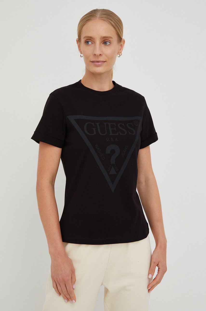

Памучна тениска Guess в черно, Черен