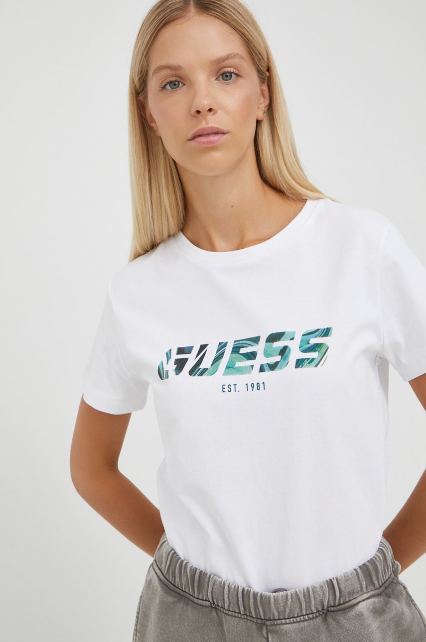 

Памучна тениска Guess в бяло, Бял