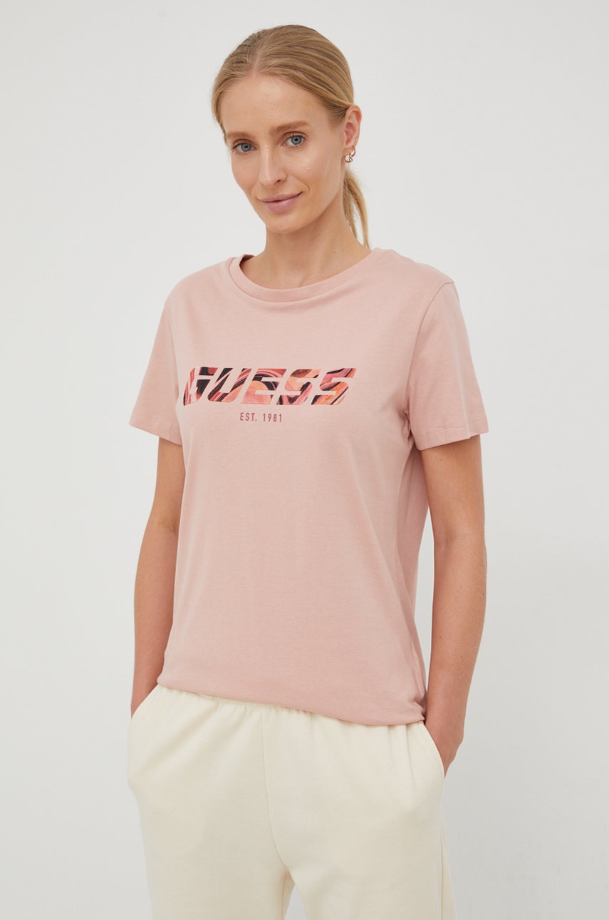 

Памучна тениска Guess в розово, Розов
