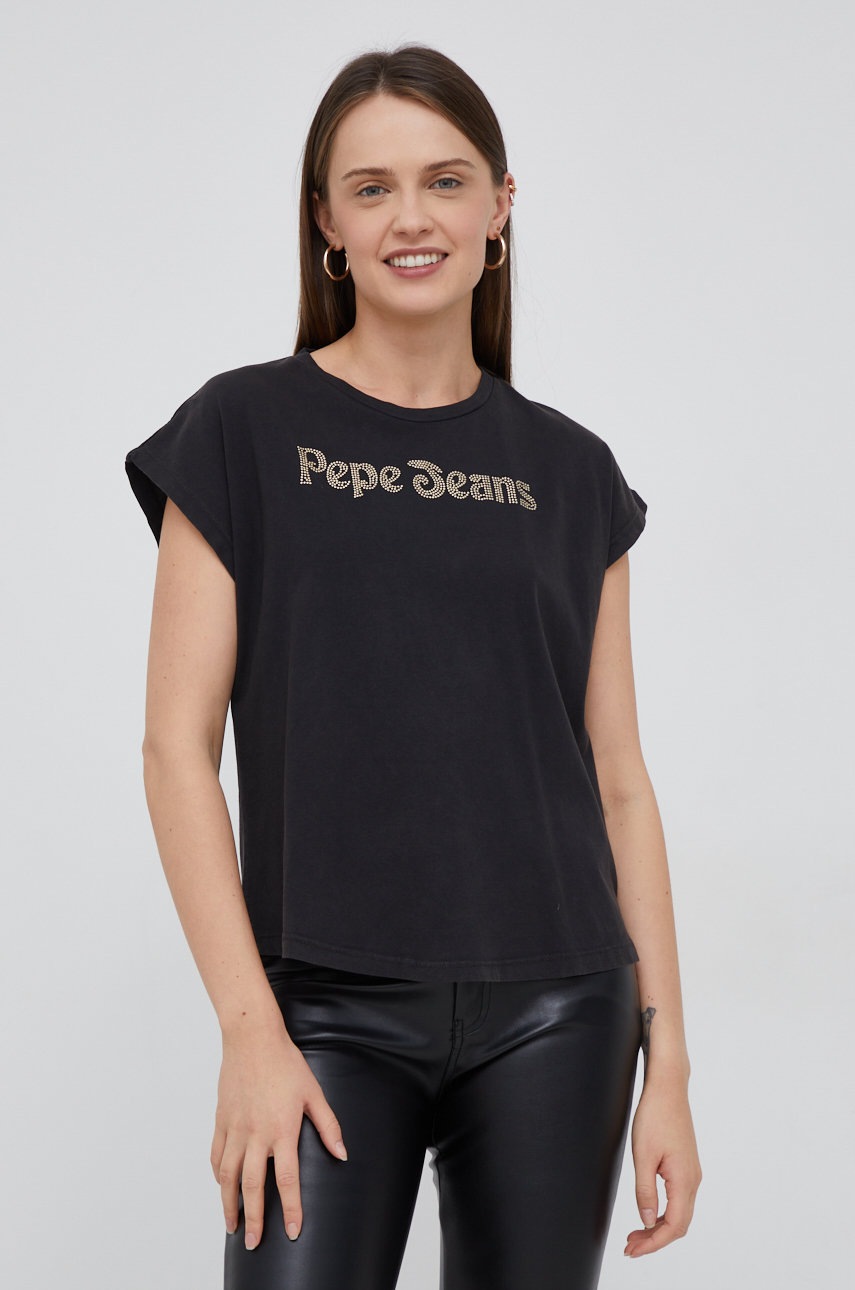 

Памучна тениска Pepe Jeans в черно, Черен