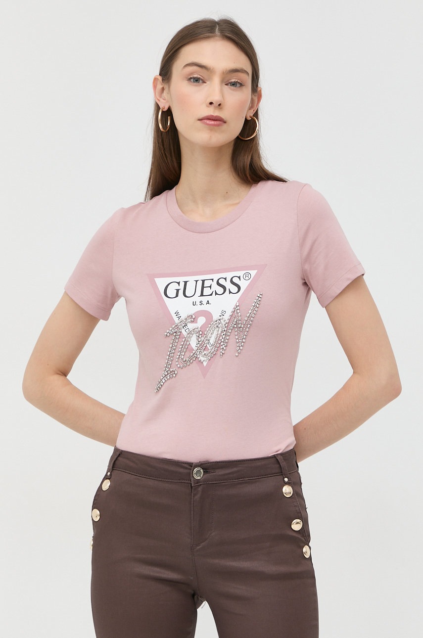 

Памучна тениска Guess в розово, Розов