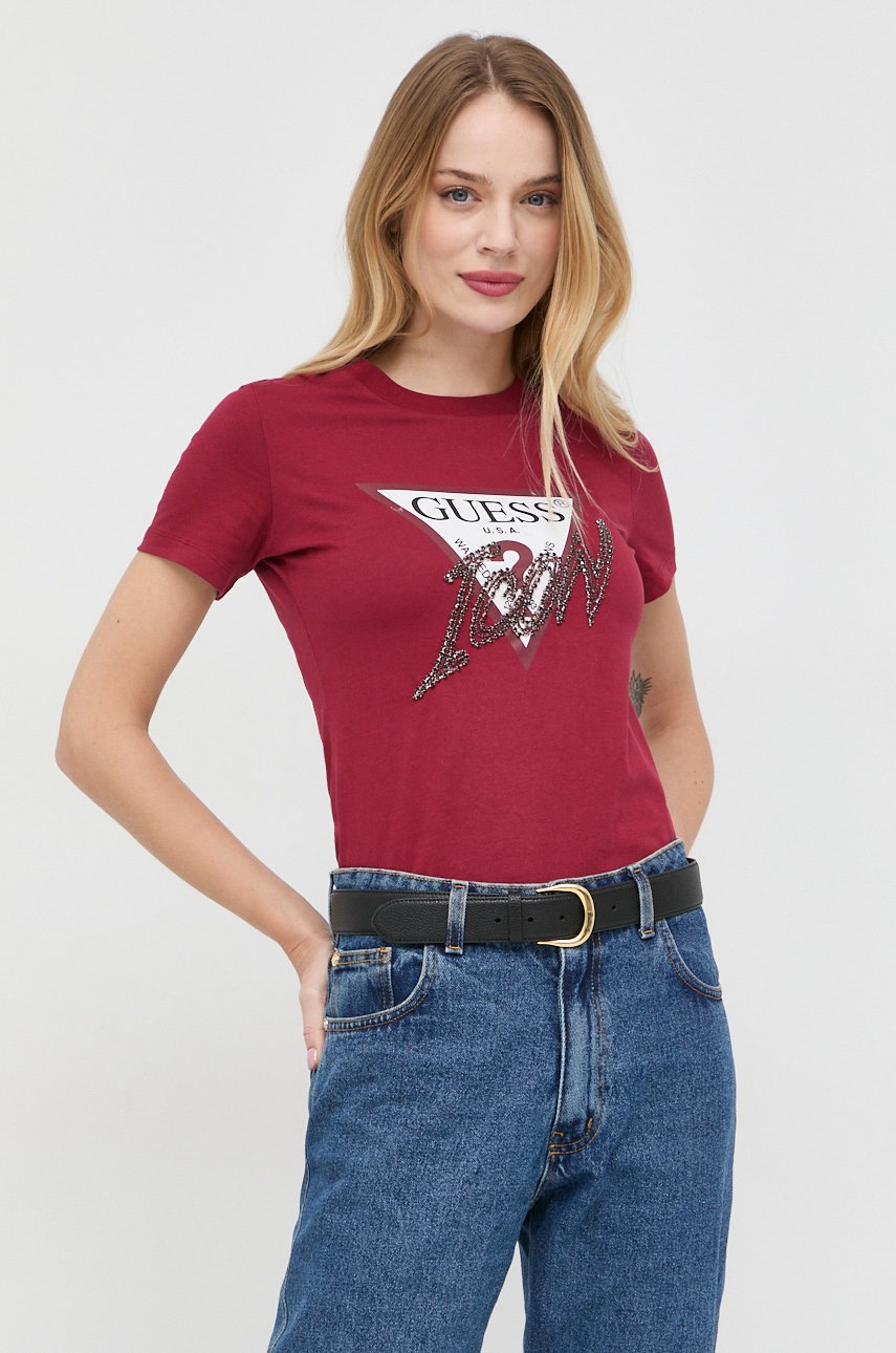

Памучна тениска Guess в бордо