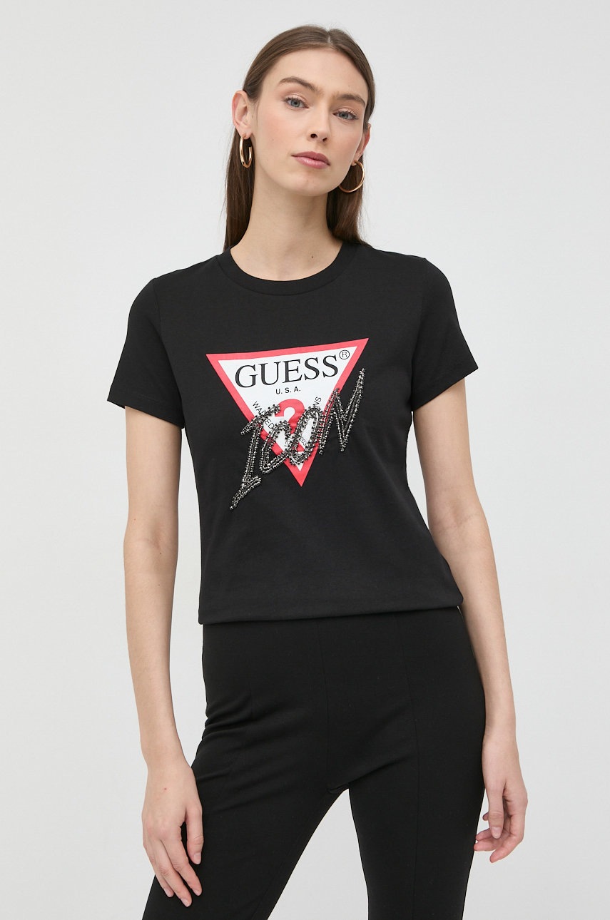 

Памучна тениска Guess в черно, Черен