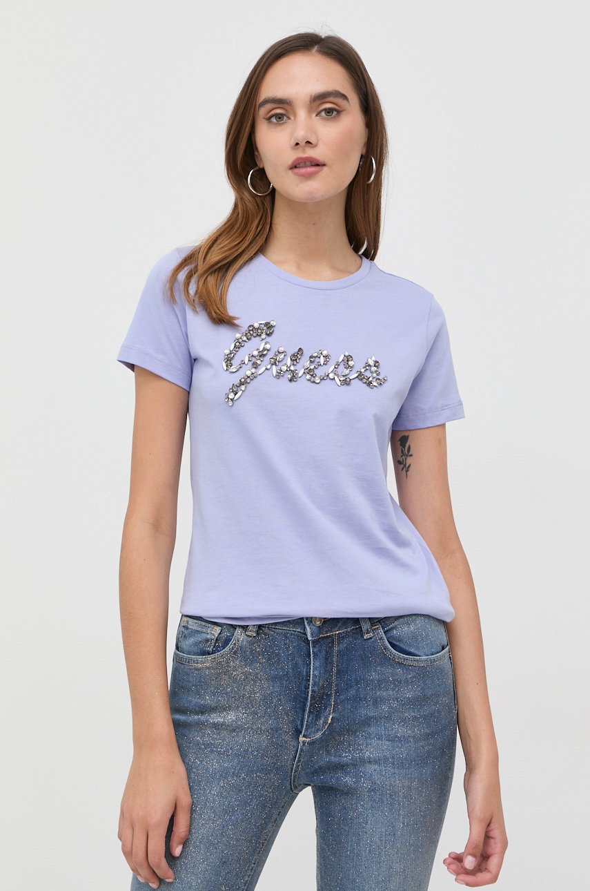 

Памучна тениска Guess в лилаво, Виолетов