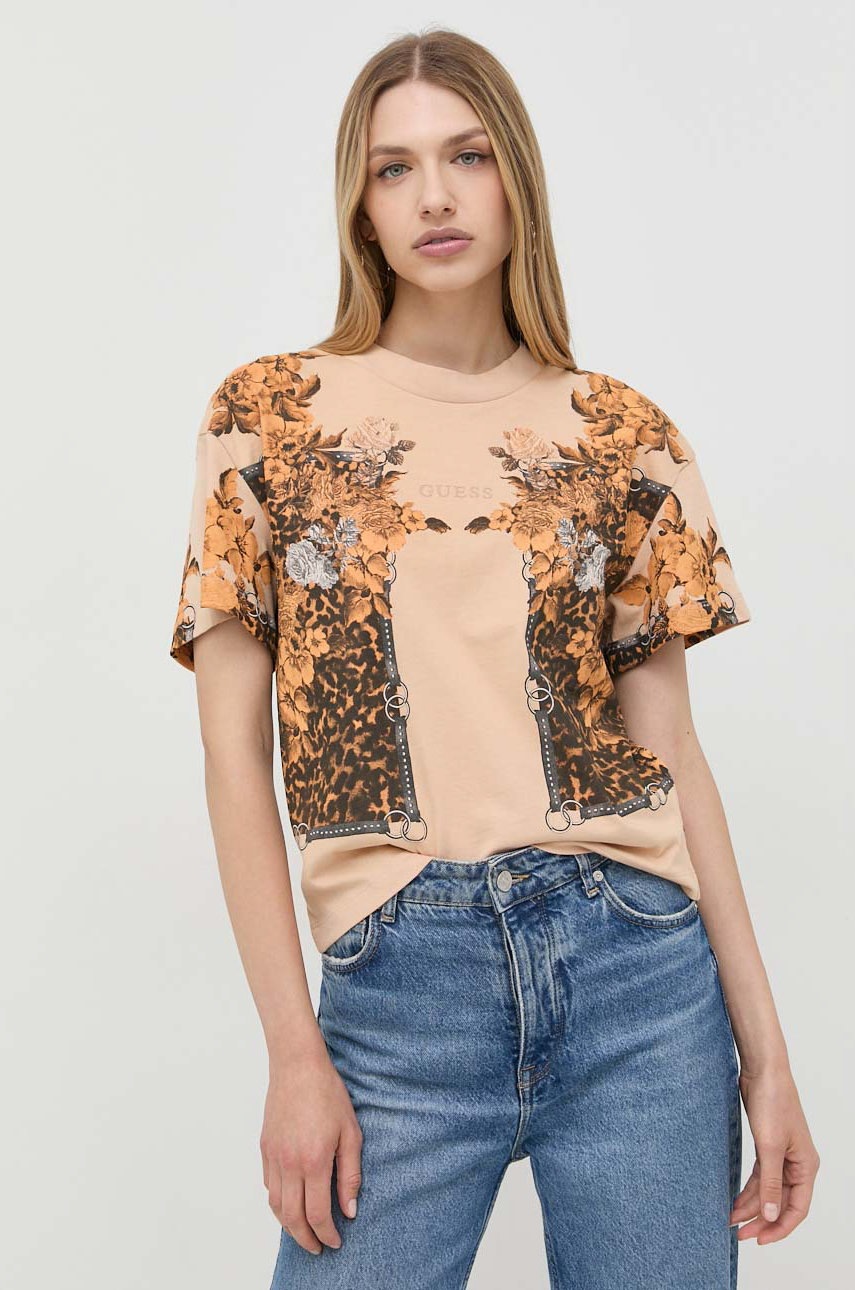 

Памучна тениска Guess в бежово, Бежов