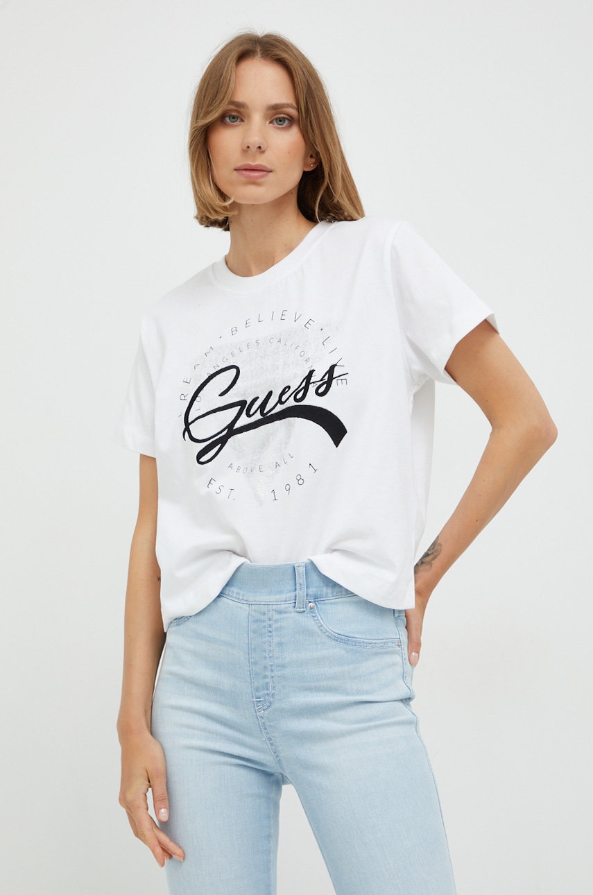 

Памучна тениска Guess в бяло, Бял