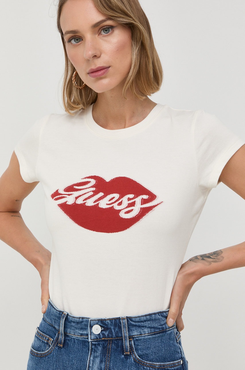 

Хлопковая футболка Guess цвет бежевый