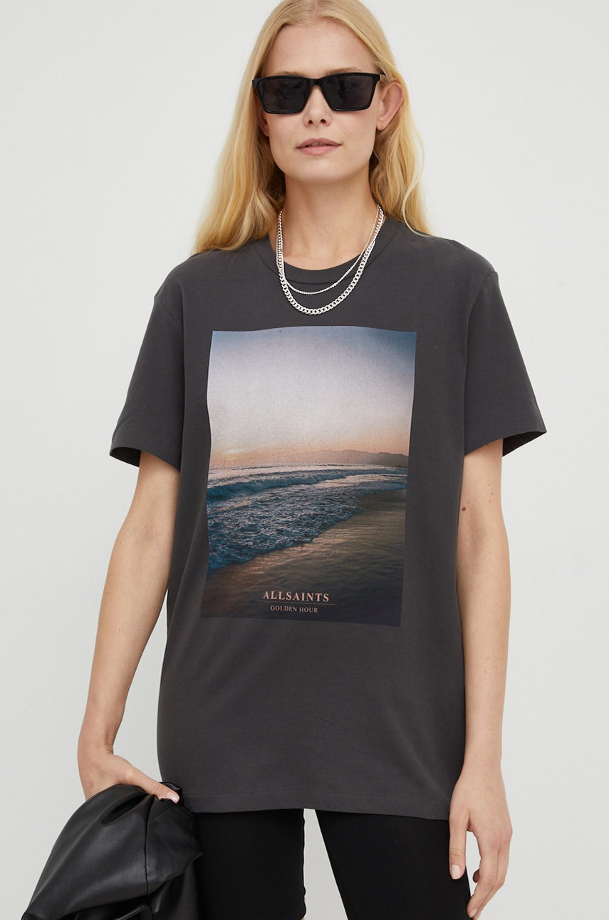 

Памучна тениска AllSaints в черно, Сив