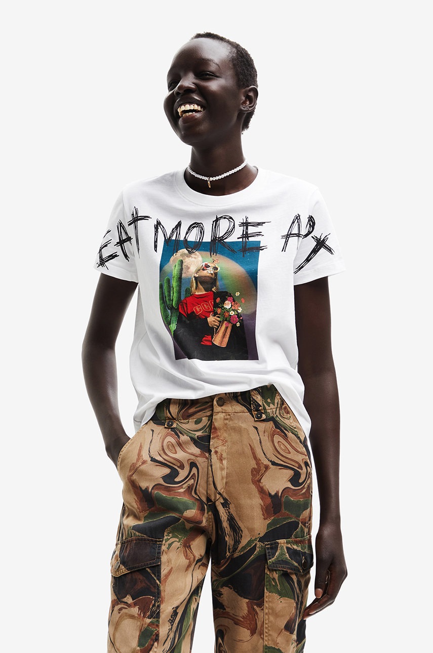 

Памучна тениска Desigual в бяло, Бял
