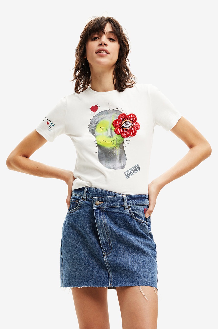 

Памучна тениска Desigual в бяло, Бял