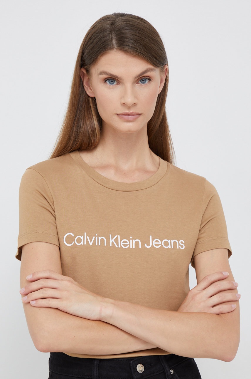 

Памучна тениска Calvin Klein Jeans в кафяво, Кафяв