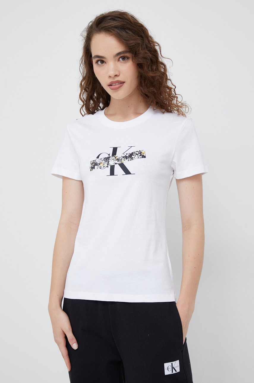 

Памучна тениска Calvin Klein Jeans в бяло, Бял