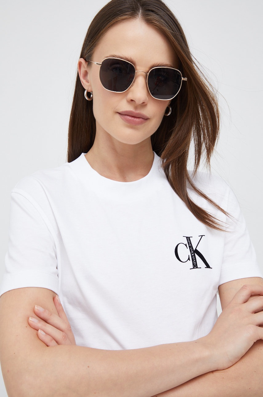 

Памучна тениска Calvin Klein Jeans в бяло, Бял