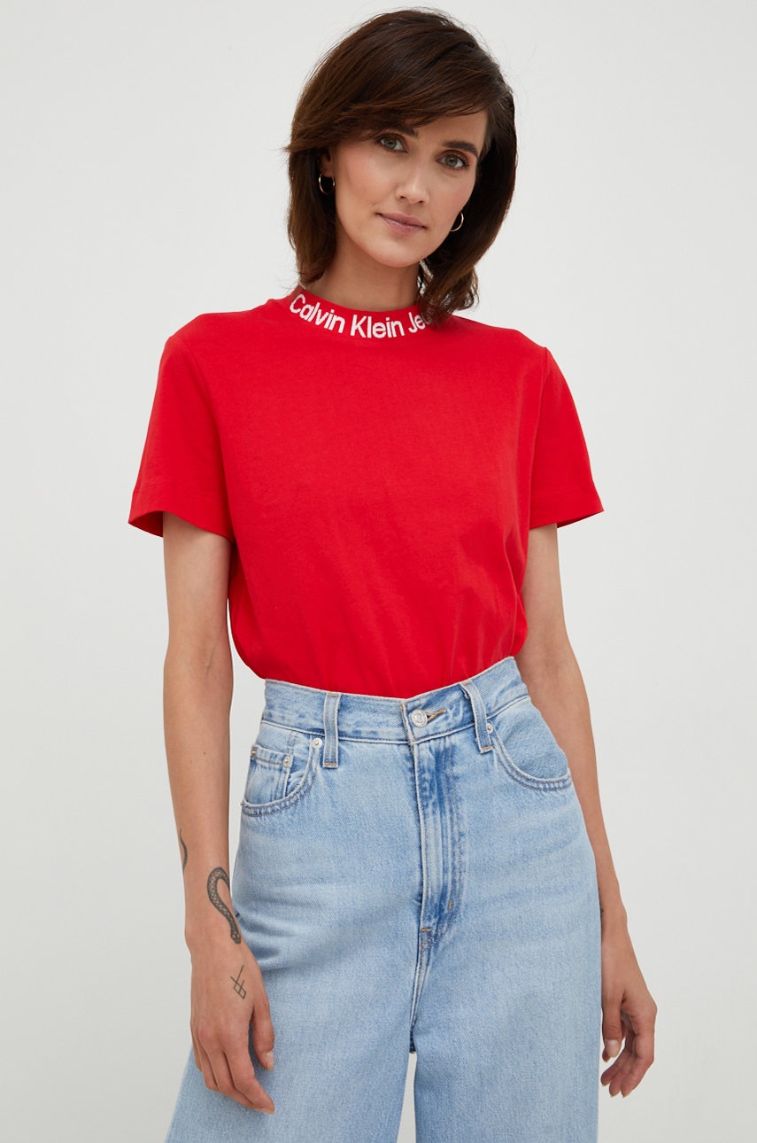 

Памучна тениска Calvin Klein Jeans в червено, Червен