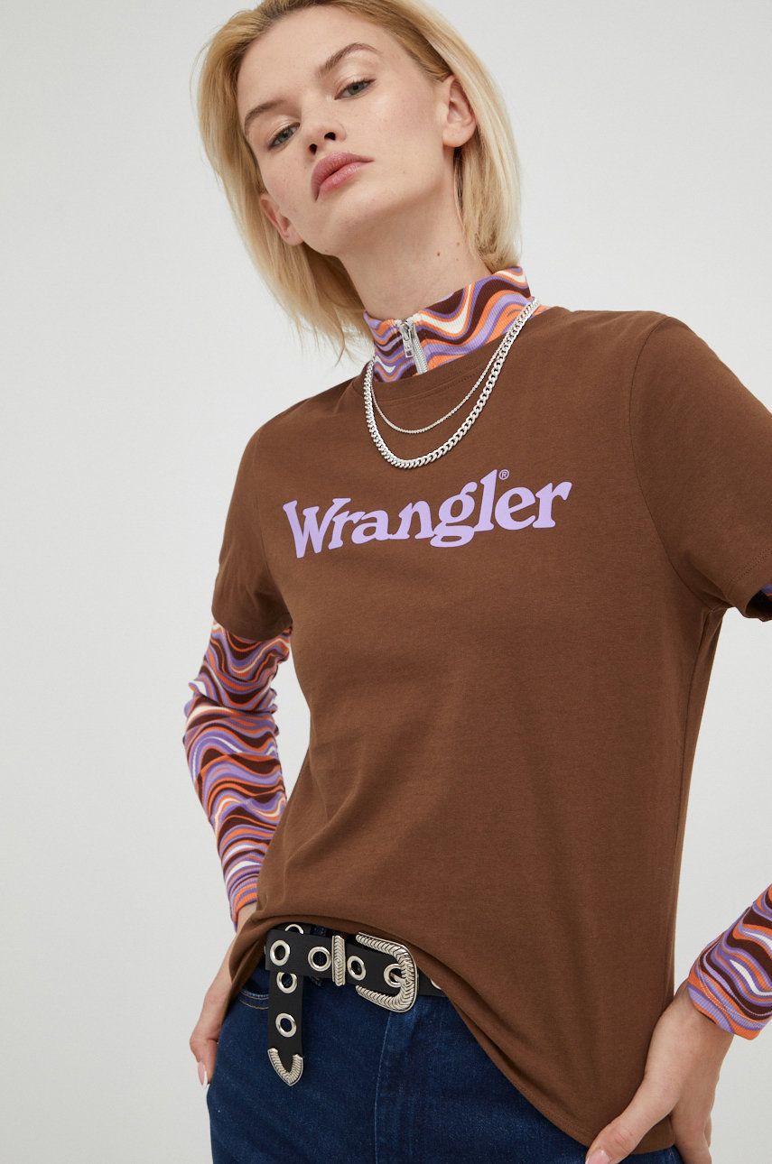 Wrangler t-shirt bawełniany kolor brązowy