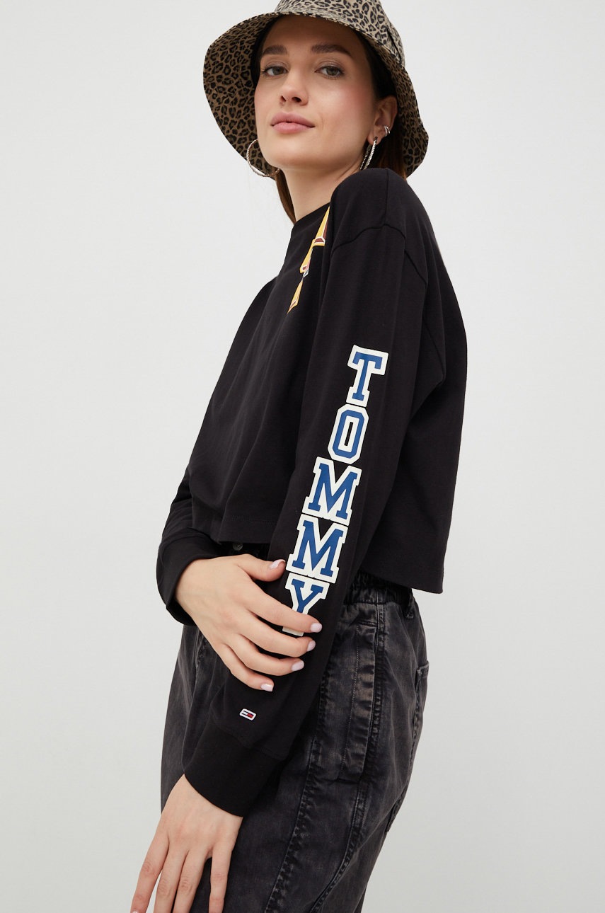 

Памучна блуза с дълги ръкави Tommy Jeans в черно, Черен
