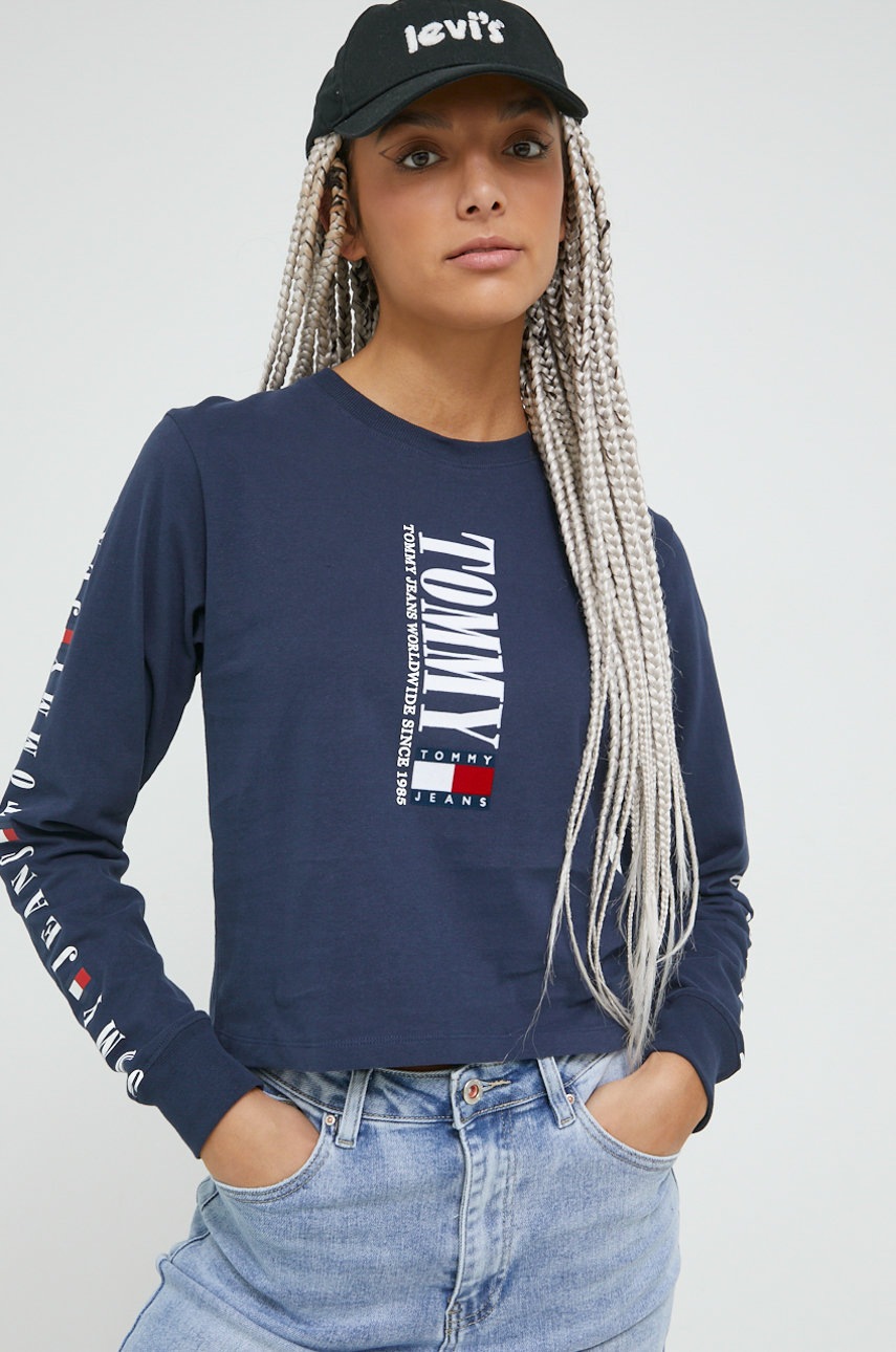 

Памучна блуза с дълги ръкави Tommy Jeans в тъмносиньо, Тъмносин