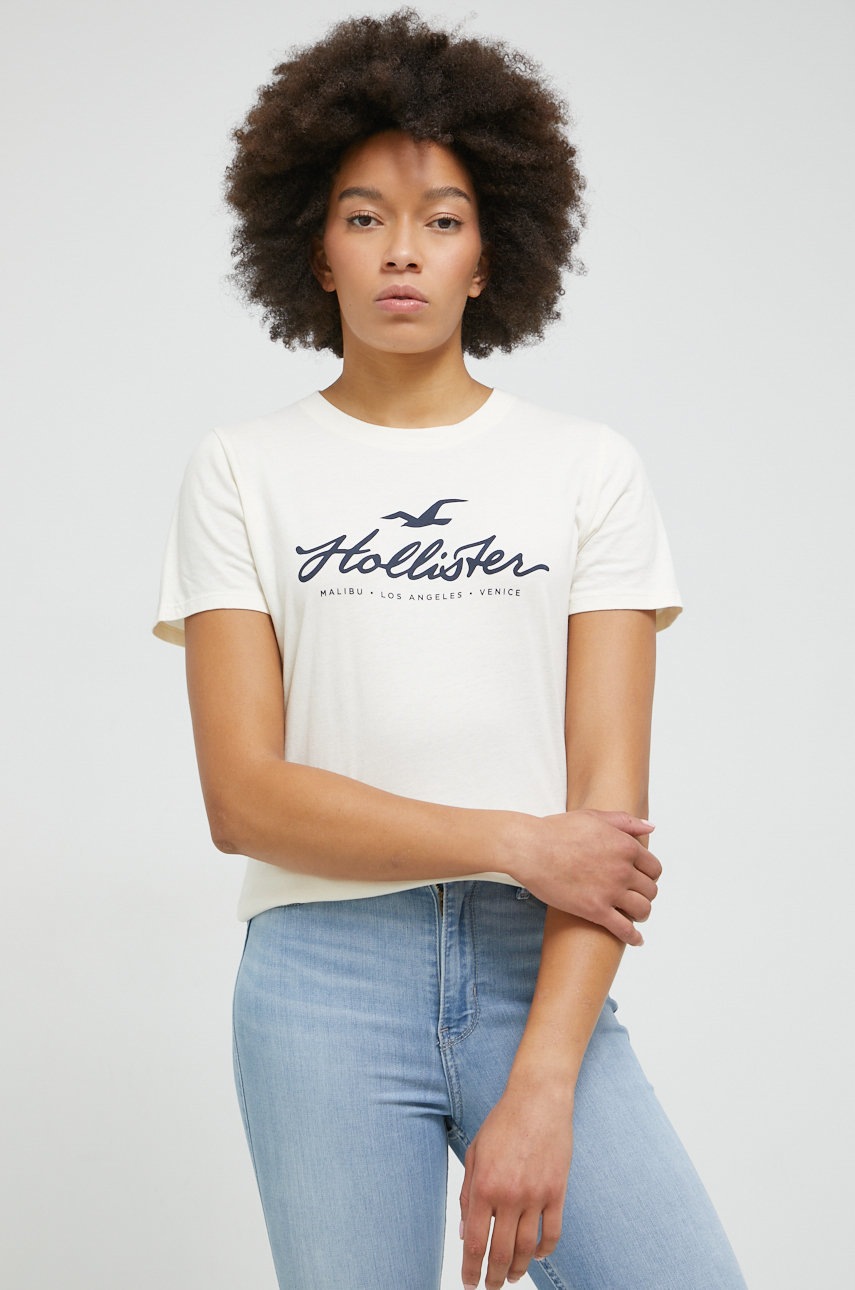 

Памучна тениска Hollister Co. в бежово, Бежов