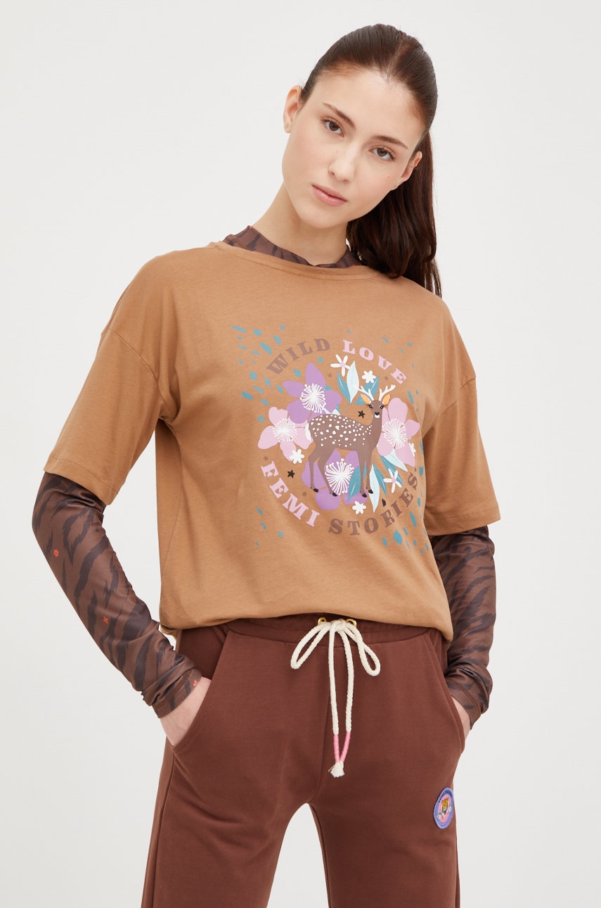 Femi stories tricou din bumbac loose culoarea maro