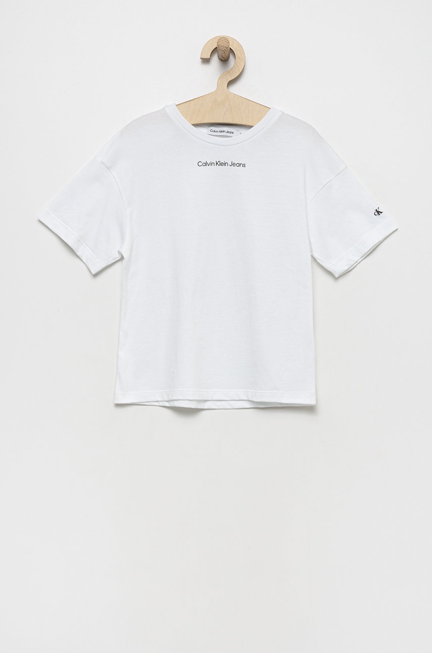 

Детска памучна тениска Calvin Klein Jeans в бяло, Бял