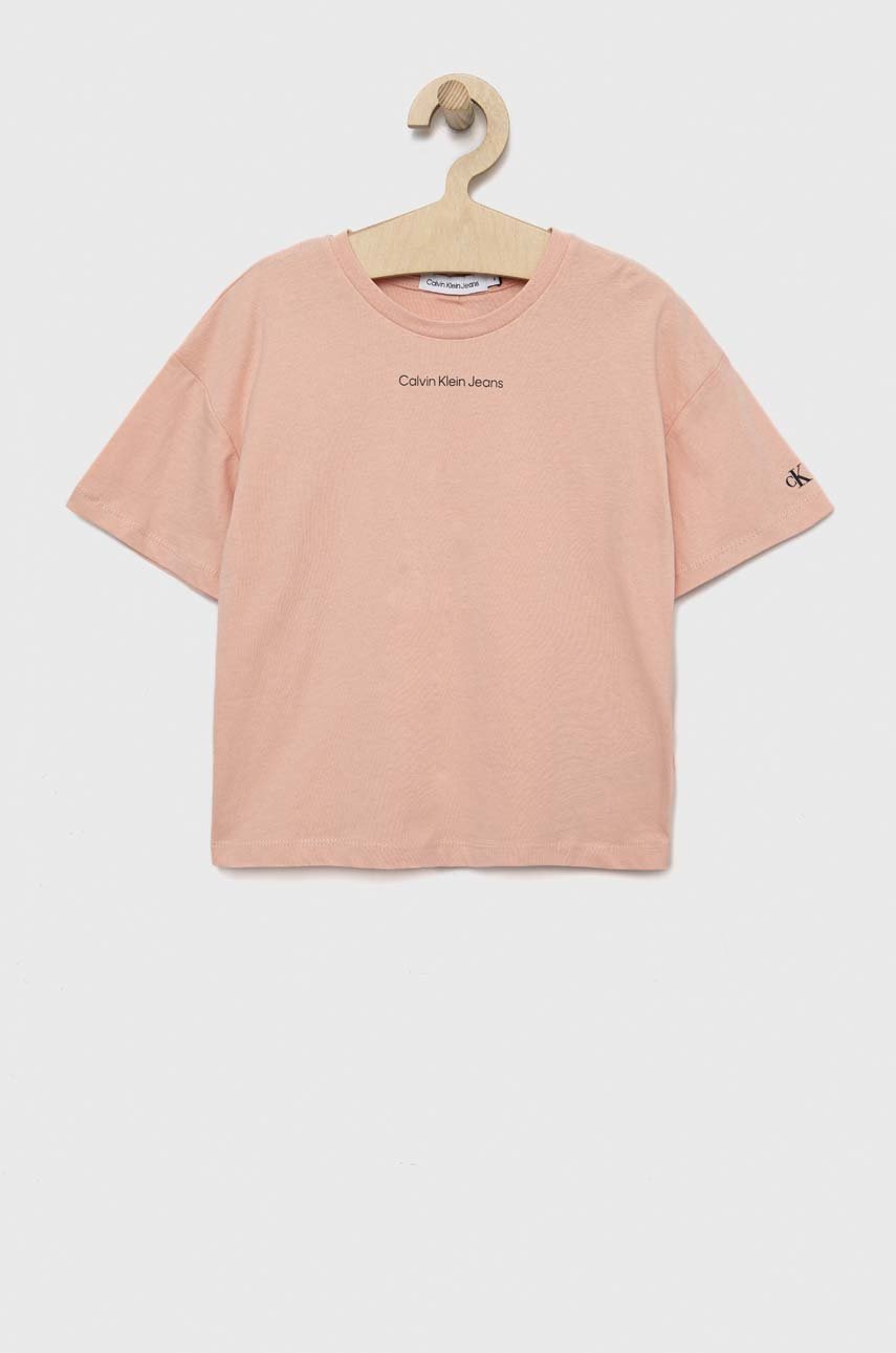 

Детска памучна тениска Calvin Klein Jeans в розово, Розов