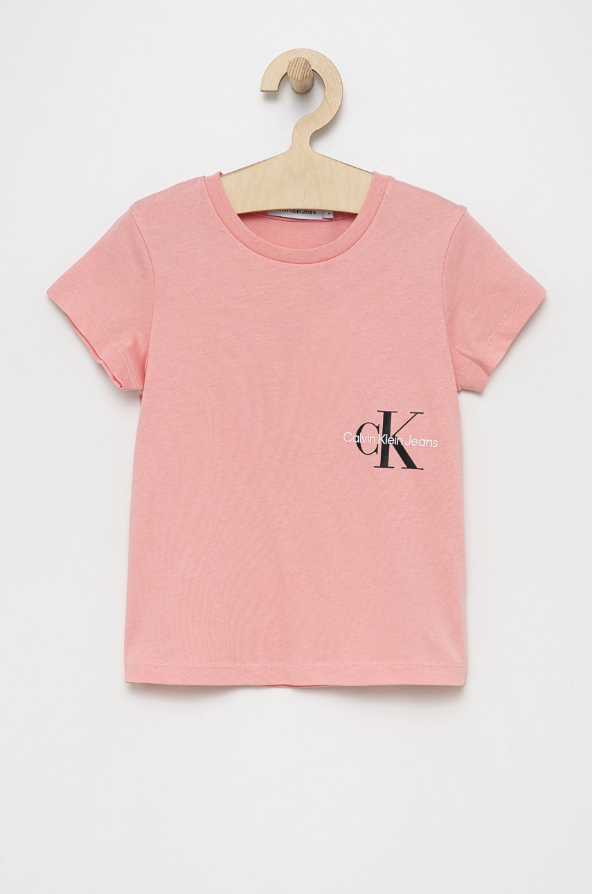 

Детска памучна тениска Calvin Klein Jeans в розово, Розов