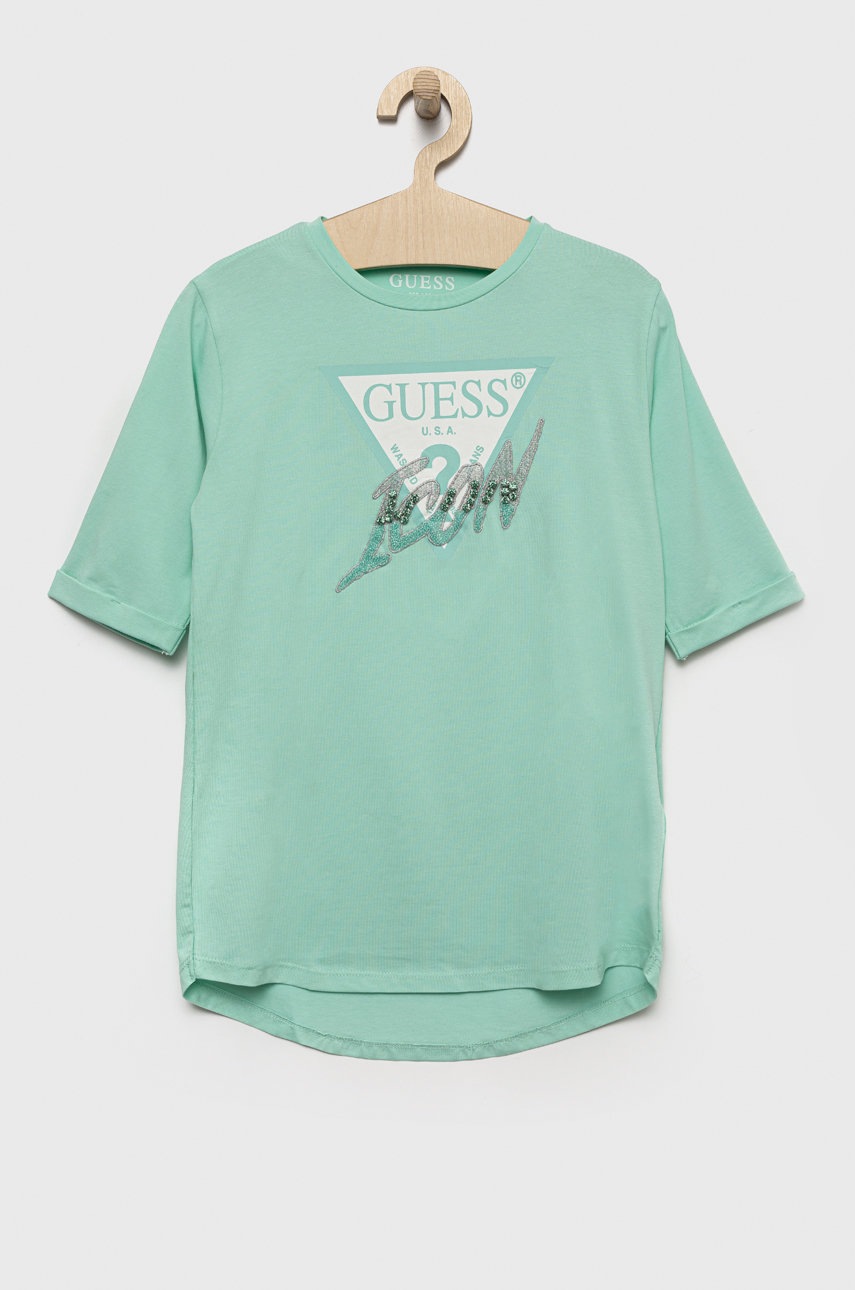 

Детска тениска Guess в тюркоазено, Тюркоазен