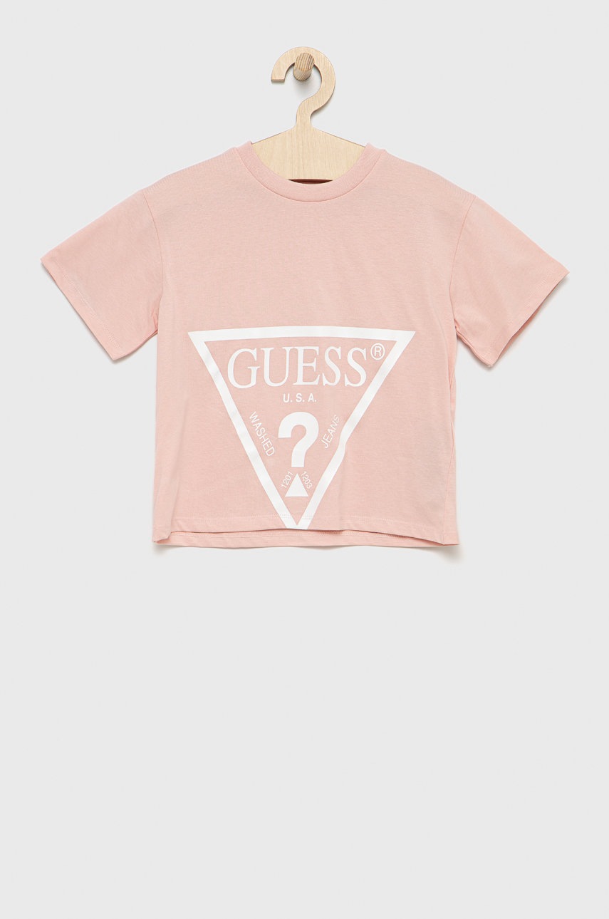 

Детска памучна тениска Guess в розово, Розов