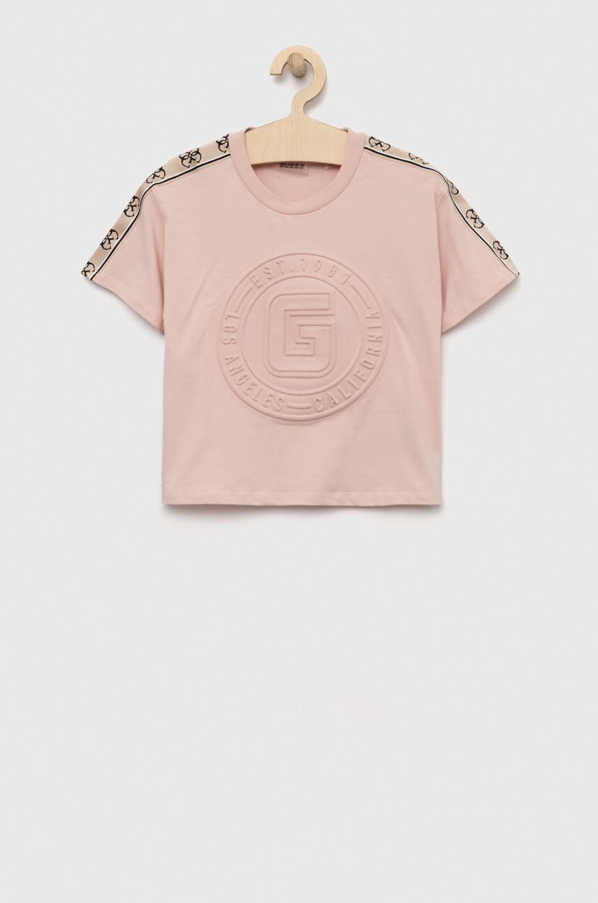 

Детска памучна тениска Guess в розово, Розов