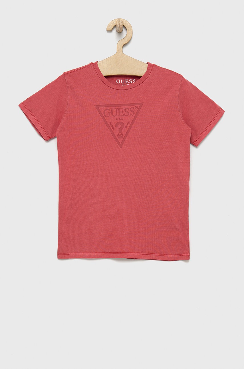 

Дитяча бавовняна футболка Guess колір рожевий з принтом