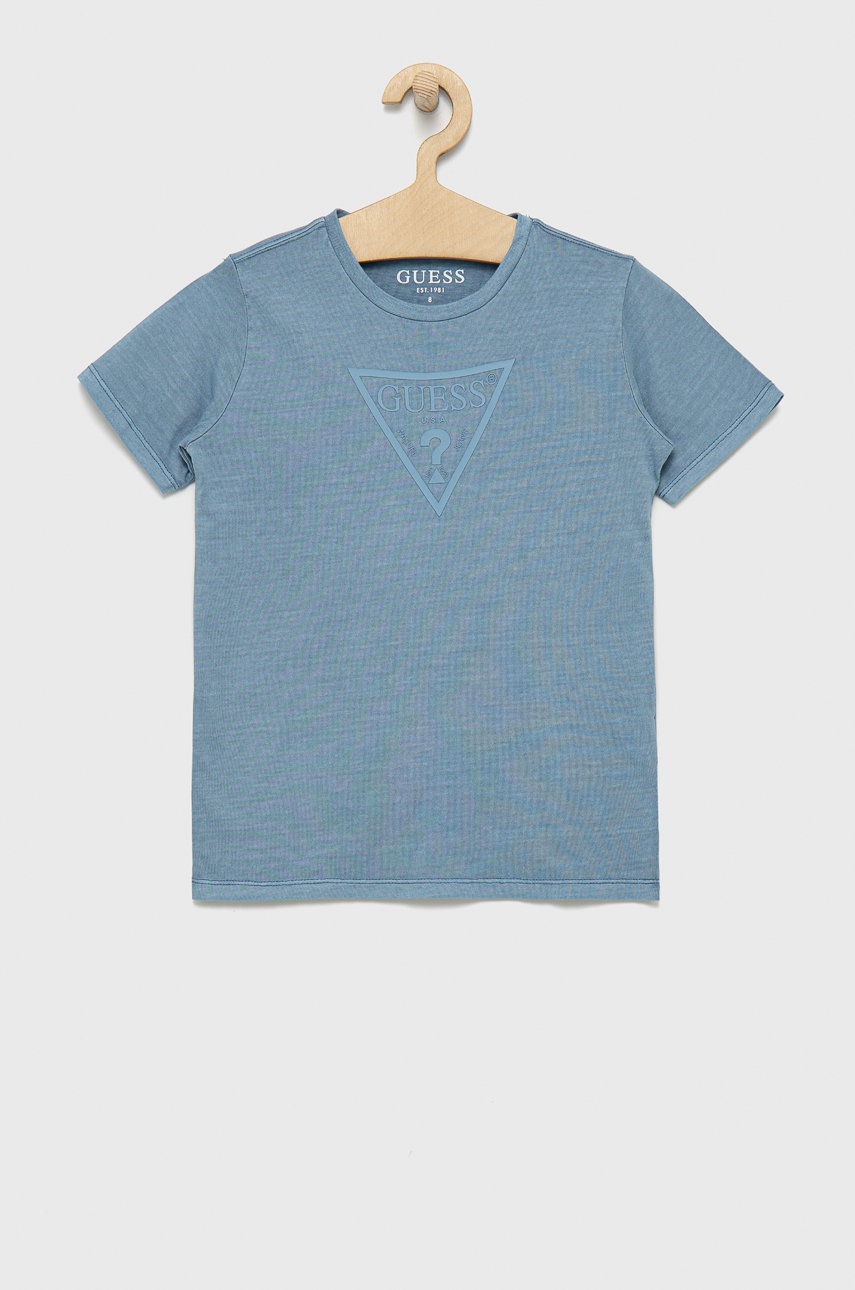 

Детска памучна тениска Guess с принт, Син