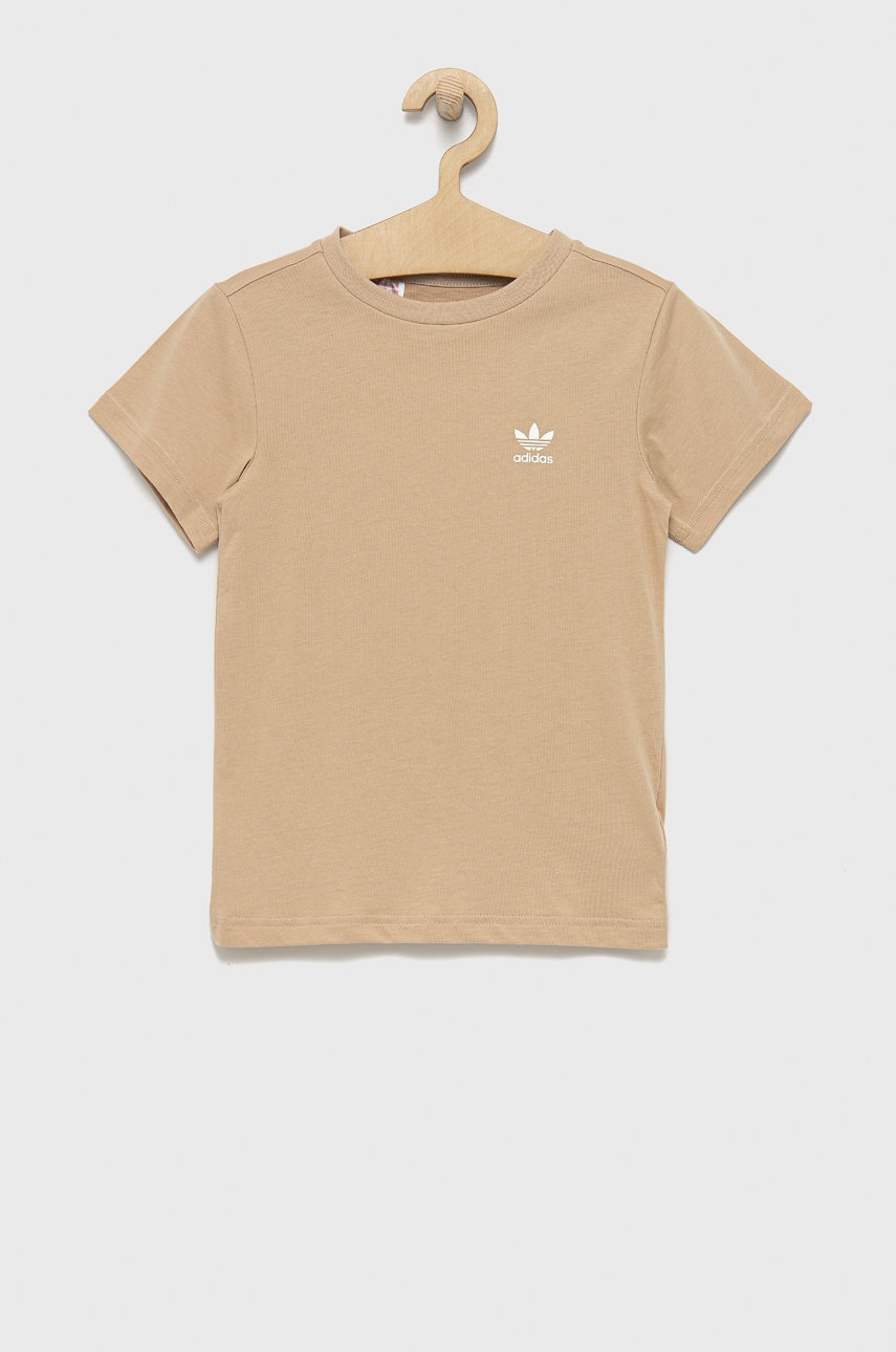 

Детская хлопковая футболка adidas Originals цвет бежевый с аппликацией