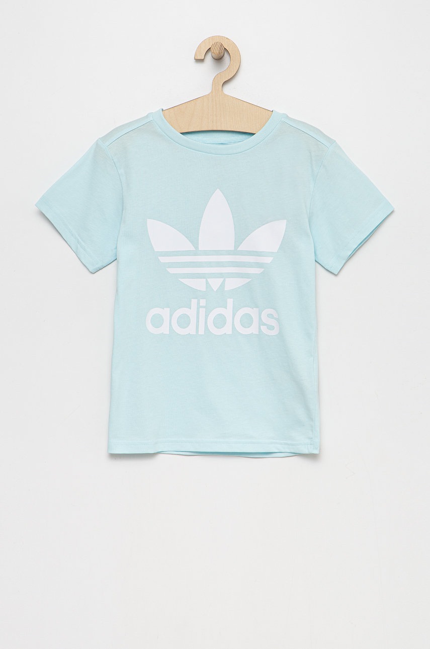 

Детская хлопковая футболка adidas Originals цвет бирюзовый с принтом