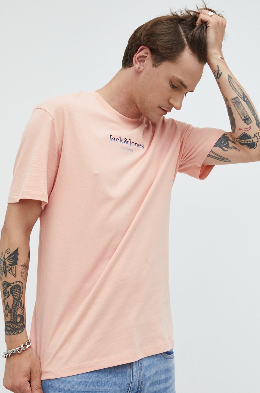 

Памучна тениска Jack & Jones в розово с апликация, Розов