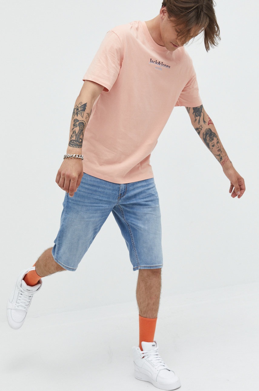 

Бавовняна футболка Jack & Jones колір рожевий з аплікацією