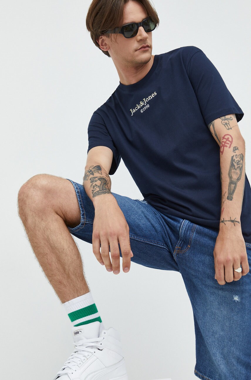 

Бавовняна футболка Jack & Jones колір синій з аплікацією