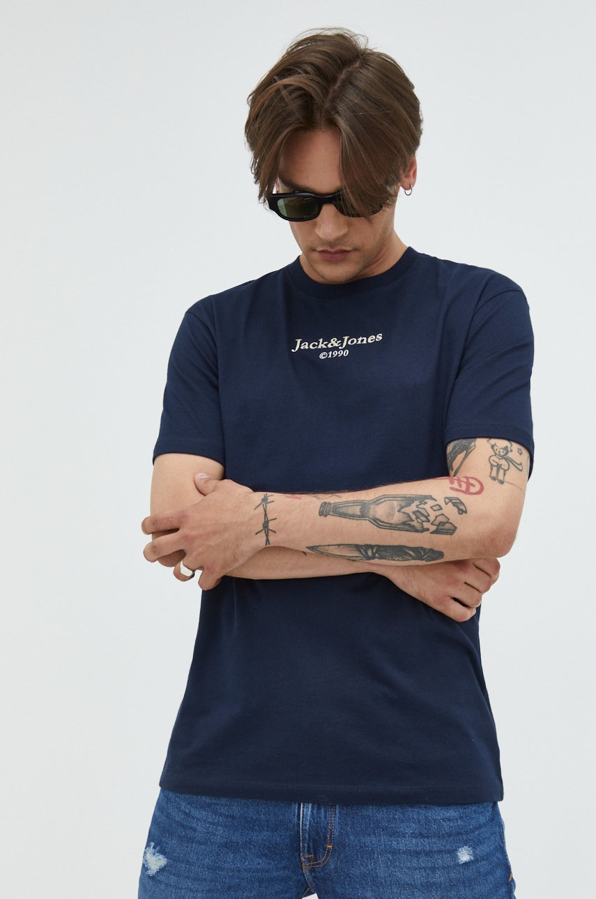 

Хлопковая футболка Jack & Jones цвет синий с аппликацией