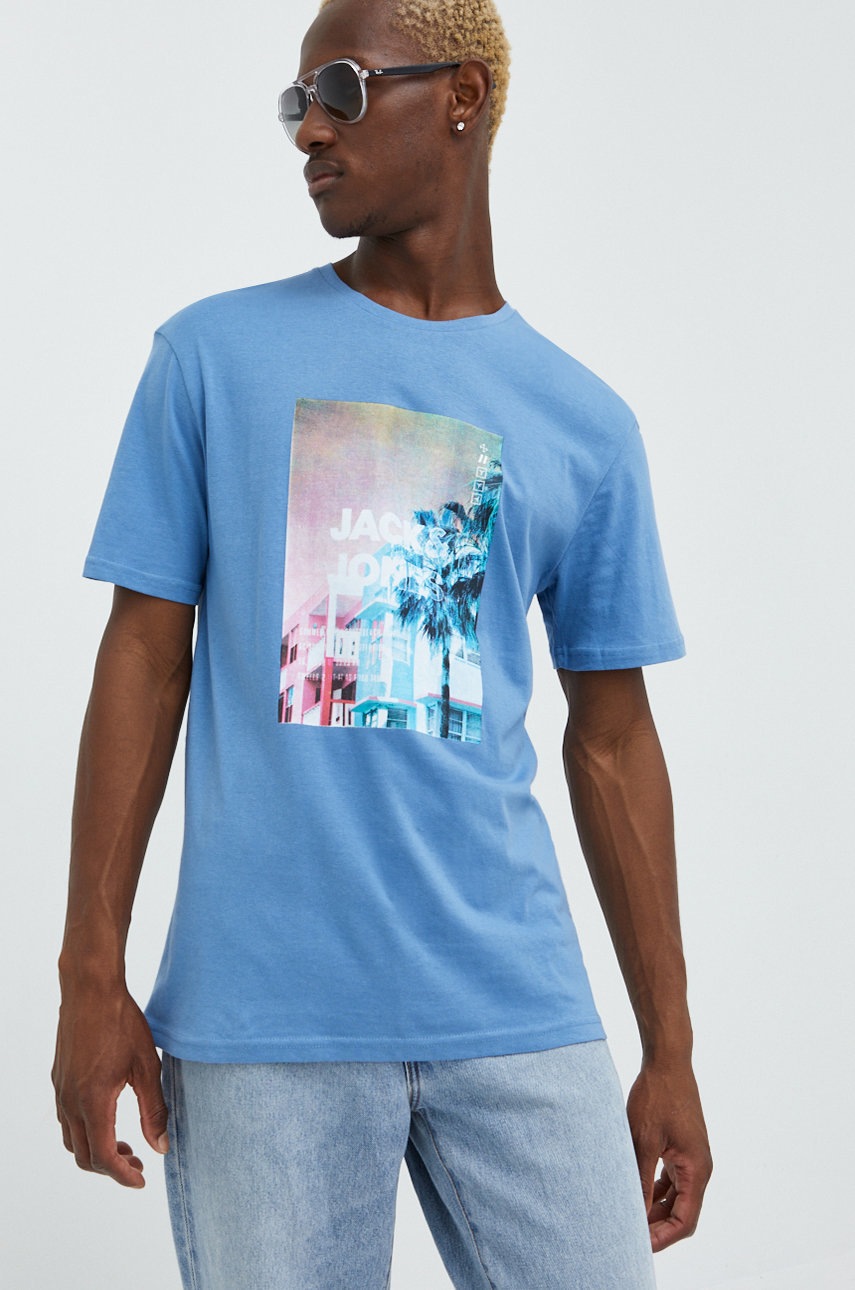 

Памучна тениска Jack & Jones с принт, Син