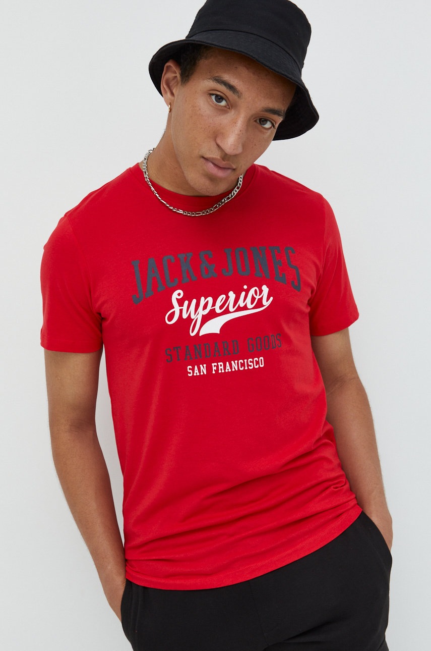 

Памучна тениска Jack & Jones в червено с принт, Червен