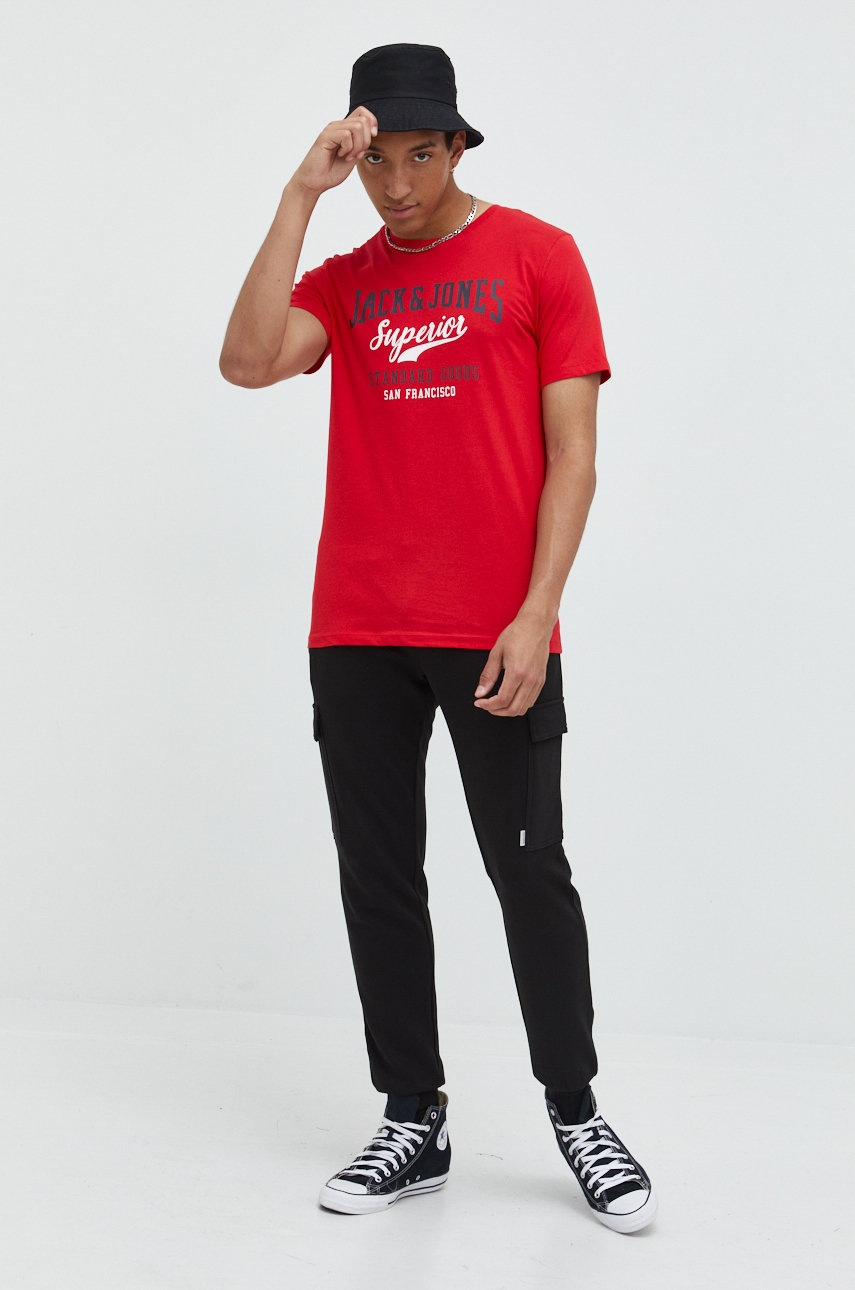 

Бавовняна футболка Jack & Jones колір червоний з принтом