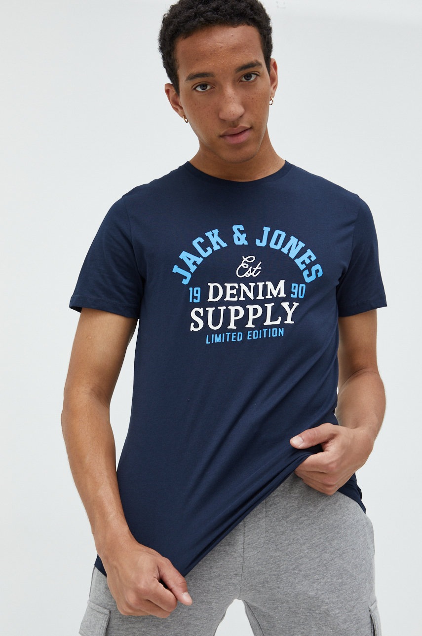 

Памучна тениска Jack & Jones в тъмносиньо с принт, Тъмносин
