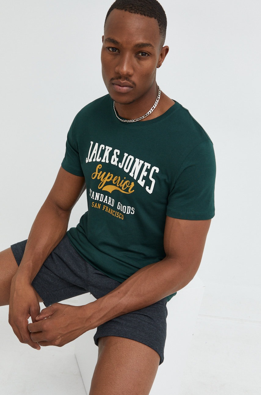 

Памучна тениска Jack & Jones в зелено с принт, Зелен