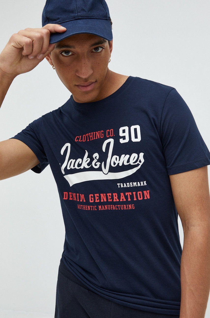 

Памучна тениска Jack & Jones в тъмносиньо с принт, Тъмносин